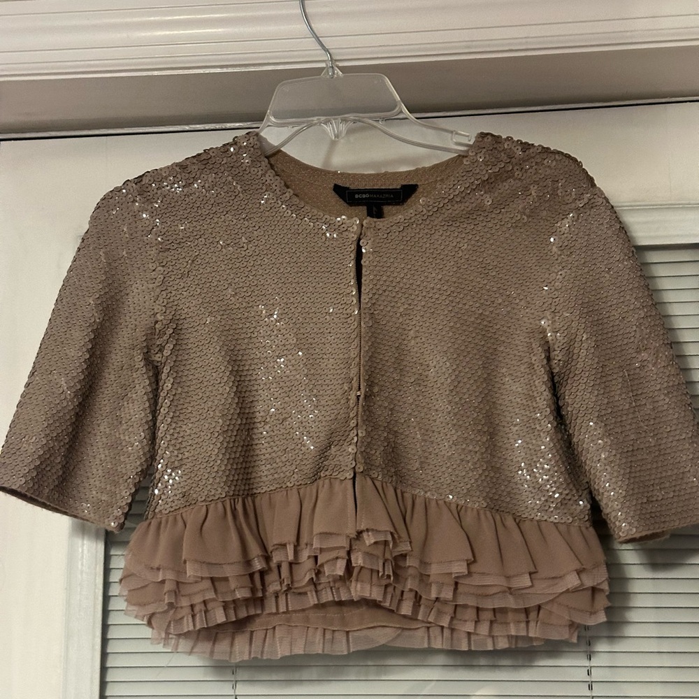 BCBG Max Azria Elegant Sequin Ruffle Tan Top